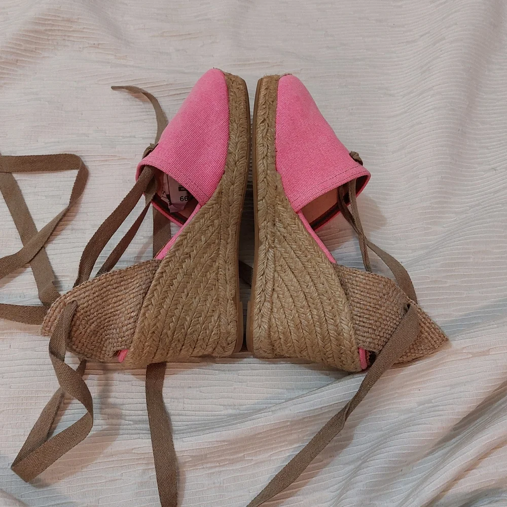 Penelope Chilvers Pink Espadrille Wedge Ankle Tie Sandals Size 40